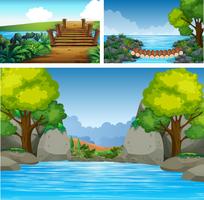 Trois scènes de fond avec rivière et arbres vecteur