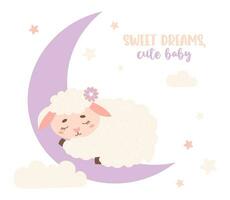 mignonne peu en train de dormir animal mouton sur lune. vecteur illustration dans pastel couleurs. des gamins collection.