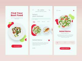 en ligne nourriture commande mobile app ui comprenant comme connexion, choix plats, la description écran contre rose Contexte. vecteur