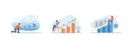 croissance une analyse concept. homme observe plante croissance en utilisant une croissance graphique. une Jeune femme est assis sur une chaise, en portant pièces de monnaie et une mobile téléphone. analyser affaires croissance. vecteur