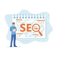 mature homme d'affaire travail dans le moderne Bureau fabrication seo schémas dans une carnet. entrepreneurs développer affaires des idées via le l'Internet. seo concept. tendance moderne vecteur plat illustration