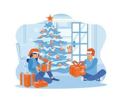 une content Jeune couple est ouverture Noël cadeaux ensemble en dessous de le Noël arbre. famille partage Noël veille concept. tendance moderne plat vecteur illustration