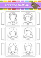 dessiner l'émotion. feuille de travail complète le visage. livre de coloriage pour les enfants. caractère joyeux. illustration vectorielle. silhouette de contour noir. illustration vectorielle. vecteur