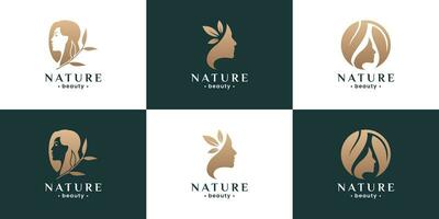 Naturel beauté femme visage logo conception combiner avec feuille logo collection. vecteur