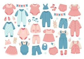 collection de vêtements pour bébés. mode habits pour garçons et filles. collection de élégant décontractée les enfants résistant. plat vecteur illustration de puéril Robes et pantalon.