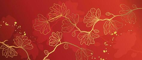 élégant chinois Oriental modèle Contexte vecteur. élégant Cerise fleur fleur d'or ligne art sur rouge Contexte. conception illustration pour content Nouveau année, fond d'écran, bannière, carte. vecteur