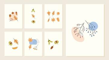 ensemble de l'automne ambiance salutation cartes et affiche modèles. tomber saison minimal mur art. brindilles avec feuilles, feuillage, baies, citrouilles, vases, abstrait formes. vecteur cartes postales dans Facile plat style.