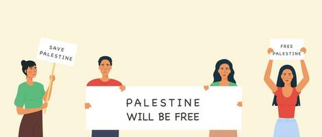 gens en portant une placard avec légende gratuit Palestine. concept de guerre entre Israël et Gaza. bats toi pour palestinien liberté. bannière vecteur carte dans plat dessin animé style.