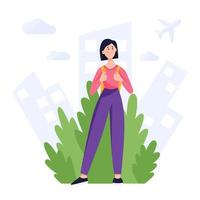 voyageuse fille avec un sac à dos. concept pour le tourisme, les voyages, l'aventure. illustration vectorielle plane. vecteur