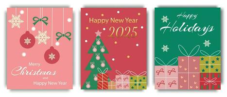 ensemble de joyeux Noël et Nouveau année salutation cartes. moderne Noël conception concept avec sapin arbre, des balles et cadeaux. pouvez être utilisé comme bannière, affiche, vacances couverture modèles. vecteur typographie.