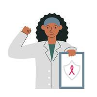 femelle oncologiste montrant être fort. africain américain femme médecin en portant résultat avec Sein cancer. médical personnage en train d'étudier mammographie examen. personnage main tiré plat vecteur illustration