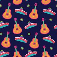 sans couture modèle avec traditionnel sombrero chapeau et guitare, cinco de mayo modèle répéter arrière-plan, vecteur illustration sur une foncé Contexte.