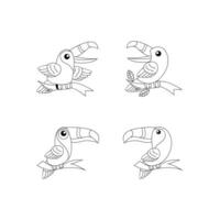 toucan oiseau dessin ligne mignonne noir blanc illustration ensemble collection vecteur