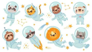 animaux astronautes. espace équipe mignonne animal dans espace combinaisons, étoilé univers avec cosmonautes pour enfants impression prospectus vecteur personnages ensemble