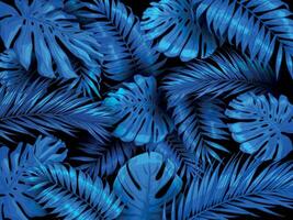 tropical nuit Contexte. exotique bleu forêt tropicale feuilles, indigo paume arbre feuille et paumes forêt vecteur illustration.