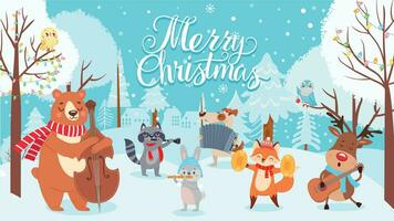animaux célébrer Noël. Noël mignonne carte avec content animaux les musiciens, hiver forêt avec vacances décoration vecteur Contexte