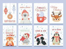 mignonne animaux Noël cartes. vecteur Noël hiver vacances