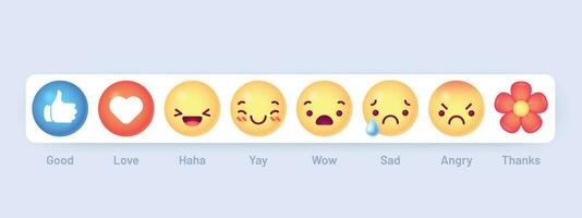 émoticône emoji réactions. social bavarder message ambiance boutons. pouce en haut, l'amour cœur et haha, Yay. Ouah, triste et en colère, Merci vecteur Icônes