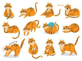 chat pose. dessin animé rouge graisse rayé chats émotions et comportement. animal animal de compagnie chaton espiègle, en train de dormir et effrayé. chat corps Langue vecteur ensemble