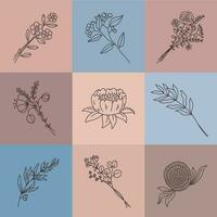 minimaliste ligne fleurs. Facile affiche avec abstrait Prairie bouquet. élégant contour fleur, olive bifurquer, herbes et lotus, plante vecteur ensemble