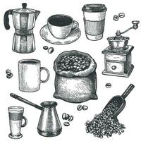 esquisser café. café moulin, bouilloire, sac avec rôti haricots, cezve. latté et Expresso tasse main tiré gravé ancien vecteur ensemble