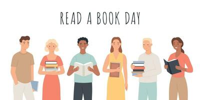 lis une livre journée. gens permanent avec livres, Jeune Hommes et femmes lis livres culturel Festival monde livre journée éducation loisir vecteur concept
