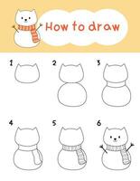 Comment à dessiner chat bonhomme de neige dessin animé pour Noël, hiver, coloration livre et éducation. vecteur illustration