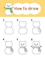 Comment à dessiner ours bonhomme de neige dessin animé pour Noël, hiver, coloration livre et éducation. vecteur illustration