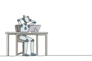 une seule ligne dessinant un robot frustré assis devant un ordinateur portable, tenant la tête. développement technologique futur. apprentissage automatique par intelligence artificielle. illustration vectorielle graphique de conception de ligne continue vecteur