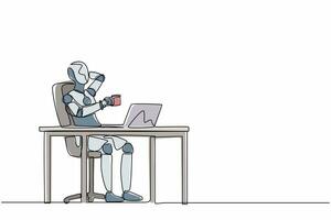 un robot de dessin continu d'une ligne détendu au bureau et boit une tasse de café. organisme cybernétique robot humanoïde. futur concept de développement de la robotique. illustration graphique vectorielle de conception de dessin à une seule ligne vecteur