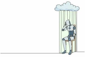 robot de dessin d'une seule ligne assis sur une chaise sous un nuage de pluie. développement technologique futur. processus d'intelligence artificielle et d'apprentissage automatique. ligne continue dessiner illustration vectorielle de conception vecteur