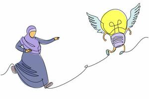 dessin au trait continu d'une femme d'affaires arabe chassant une ampoule volante. l'innovation et l'invention pour de nouvelles idées commerciales. rechercher la créativité du projet. illustration graphique vectorielle de conception à une seule ligne vecteur