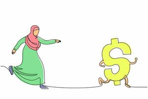 dessin en ligne continue unique femme d'affaires arabe chassant le symbole du dollar. la femme manager veut devenir riche. projet d'entreprise, argent d'épargne, richesse, investissement. une ligne dessiner illustration vectorielle de conception vecteur
