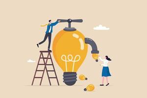 idées d'inspiration, mentorat ou coaching pour motiver ou orienter la solution d'entreprise, la créativité et l'innovation pour aider à développer le concept d'entreprise, le responsable de l'homme d'affaires tourne la valve de l'ampoule pour fournir des idées. vecteur