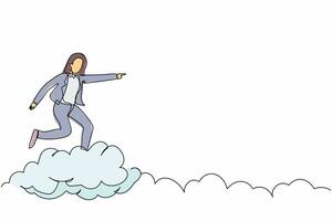une seule ligne continue dessinant une femme d'affaires prospère sur le nuage, pointant vers l'avant, aller vers l'avenir, métaphore de l'entreprise. femme sur le chemin du nuage vers le succès. une ligne dessiner illustration vectorielle de conception graphique vecteur