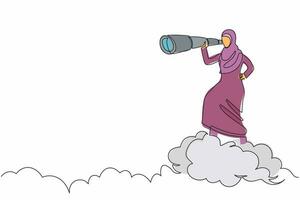 une seule ligne dessinant une femme d'affaires arabe sur un nuage supérieur tenant des jumelles pour rechercher une vision d'entreprise. leadership pour voir la stratégie de l'entreprise. illustration vectorielle graphique de conception de dessin en ligne continue vecteur
