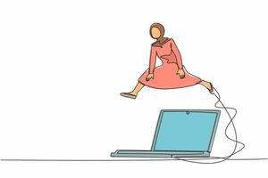 une seule ligne dessinant une femme d'affaires arabe sautant par-dessus un gros ordinateur portable. l'informatique pour l'efficacité du travail. informations sur le système bureautique. illustration vectorielle graphique de conception de dessin en ligne continue vecteur