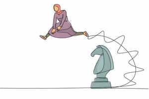 une seule ligne continue dessinant une femme d'affaires arabe sauter par-dessus le chevalier du cheval d'échecs. sport d'intelligence, idée de mouvement tactique. mouvement stratégique dans les affaires. une ligne dessiner illustration vectorielle de conception graphique vecteur