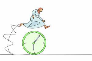 dessin au trait continu une femme d'affaires arabe saute dans le temps en passant l'horloge. planification des tâches, efficacité au travail. bonne gestion du temps, des horaires. illustration graphique vectorielle de conception de dessin à une seule ligne vecteur