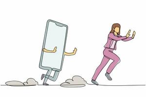 une seule ligne dessinant une femme d'affaires effrayée poursuivie par un smartphone. la femme manager refuse de parler de projet d'entreprise. métaphore minimale. illustration vectorielle graphique de conception de dessin en ligne continue vecteur