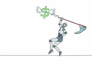 un robot de dessin continu à une ligne essaie d'attraper le symbole du signe dollar volant avec un filet à papillons. crise économique financière. organisme cybernétique robot humanoïde. illustration vectorielle de dessin à une seule ligne vecteur