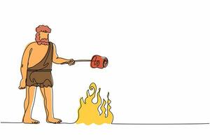 une seule ligne continue dessinant des stands d'homme des cavernes et cuisinant de la viande sur un feu de camp. homme préhistorique debout et cuisinant de la viande sur un feu de joie. humain archaïque. une ligne dessiner illustration vectorielle de conception graphique vecteur