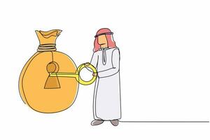 continu d'une ligne dessinant un homme d'affaires arabe mettant une grosse clé dans un sac d'argent. concept de gestion de l'argent. succès financier clé, refuge pour l'investissement. illustration graphique vectorielle de conception à une seule ligne vecteur