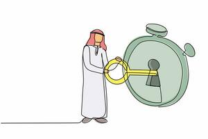 une seule ligne continue dessinant un homme d'affaires arabe mettant une grande clé dans le chronomètre. date limite d'emploi sécurisé pour employé de bureau. une planification efficace pour un travail productif. illustration vectorielle de conception graphique d'une ligne vecteur