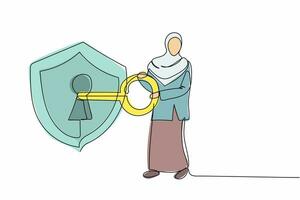 une ligne continue dessinant une femme d'affaires arabe a mis la clé dans le bouclier. sécurité internet ou technologie. cryptage, codage des données monétaires numériques. illustration graphique vectorielle de conception de dessin à une seule ligne vecteur