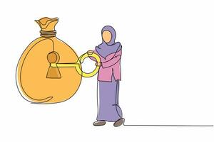 dessin au trait continu une femme d'affaires arabe a mis la clé dans le sac d'argent. débloquer la richesse de l'entreprise. refuge sûr pour le gestionnaire d'investissement pour gérer l'argent. illustration graphique vectorielle de conception de dessin à une seule ligne vecteur