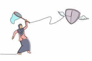 une seule ligne dessinant une femme d'affaires arabe essayant d'attraper un bouclier volant avec un filet à papillons. perte de protection corporelle due au fait de ne pas être vacciné. illustration vectorielle graphique de conception de dessin en ligne continue vecteur