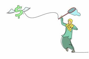 une seule ligne continue dessinant une femme d'affaires arabe essayant d'attraper le symbole du dollar volant avec un filet à papillons. l'inflation du dollar fait monter les prix. une ligne dessiner illustration vectorielle de conception graphique vecteur