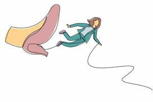 une seule femme d'affaires dessinant une ligne se fait virer, volant dans les airs après avoir reçu un coup de pied dans le dos. concept de métaphore du minimalisme. illustration vectorielle graphique de conception de ligne continue moderne vecteur