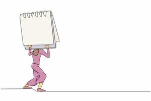 Célibataire continu ligne dessin frustré femme d'affaires porter lourd calendrier sur sa dos. fatigué ouvrier du quotidien problème. stressant emploi avec date limite. un ligne dessiner graphique conception vecteur illustration